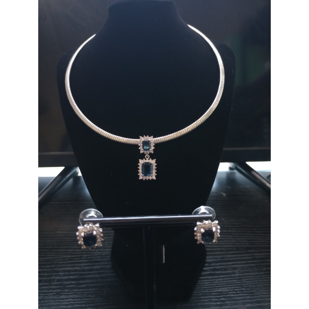 Roman Inc Blue Emerald Cut Crystal Halo Necklace & Stud Earring Set Silver Tone‎
